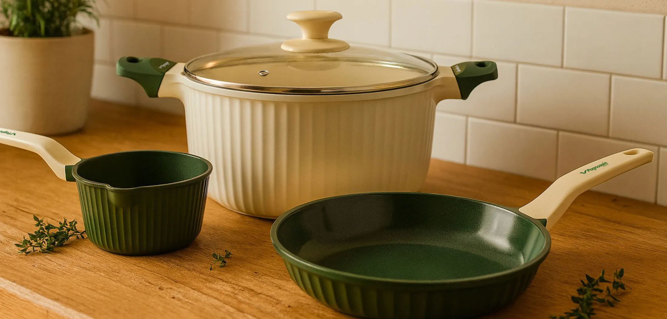 Casseruola crema, casseruola verde e padella verde Aromatica sul piano di una cucina, con rametti di timo
