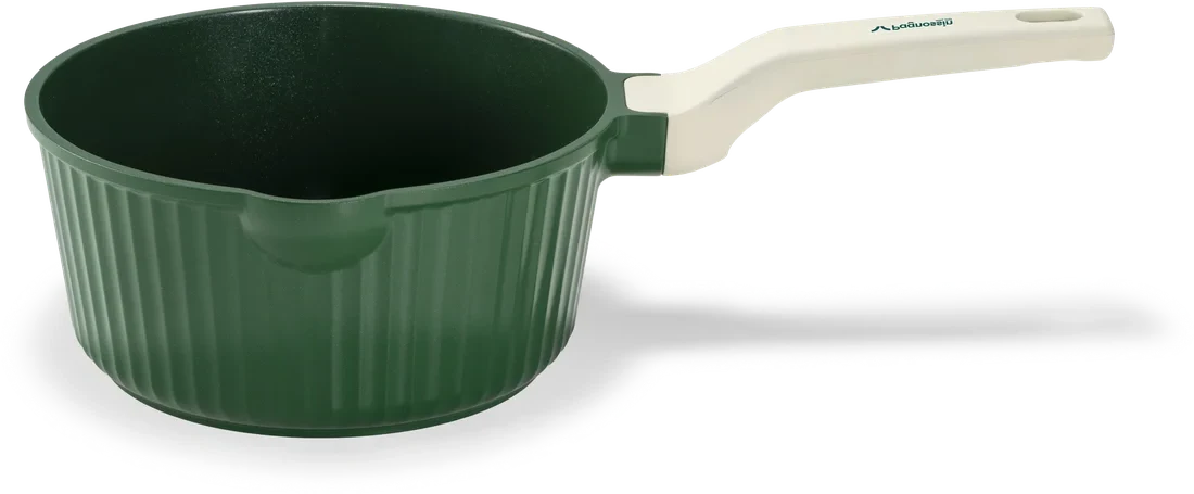 Casseruola Aromatica verde a un manico vista di lato